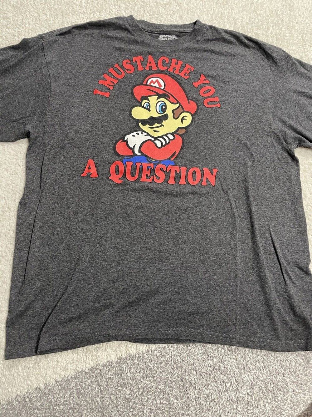 Official Mario Gray T-Shirt I Mustache You A Question Men's Size XL Short Sleeve